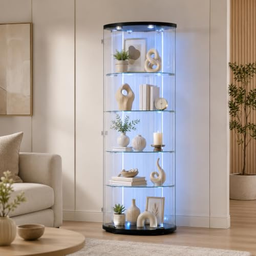 Vetrina angolare in vetro, vetrina su base in vetro LED, 4 ripiani 1 anta con porta, mobile vetrina in vetro con porta e serratura armadio vetrine a cinque angoli 162 x 60 x 35 cm (1 porta 4 strati