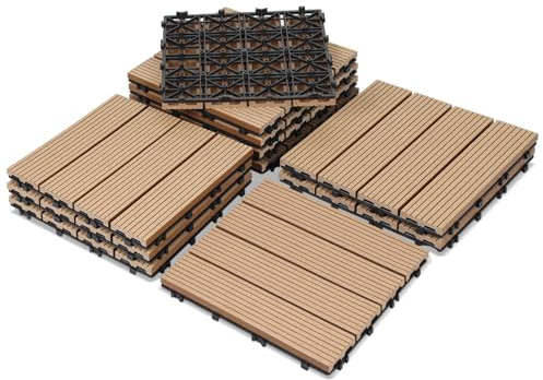 Peviasot 30 x 30 cm WPC Klickfliesen, 22er Set 2m Terrassenfliesen in Holzoptik mit Drainage, Bodenbelag für Balkon, Terrasse und Garten, Wasserfest und Rutschfest, Teak