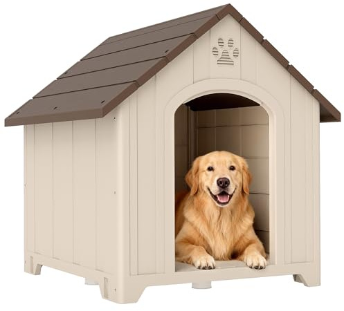 PawHut Cuccia per Cani da Esterno, Taglia Media Grande, Casetta per Cani in Plastica Impermeabile con Base Rialzata, Finestre e Tetto Spiovente per Giardino, Patio, Terrazza, Casa, 88x78x89 cm, Beige