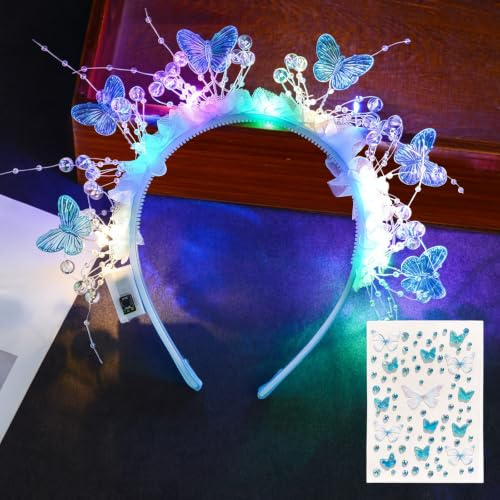 AWSOLAR LED Haarreif Schmetterling mit Schmetterling Gesichtsaufkleber | LED Haarschmuck für Karneval, Ball, Geburtstag, Party, Festival Zubehör