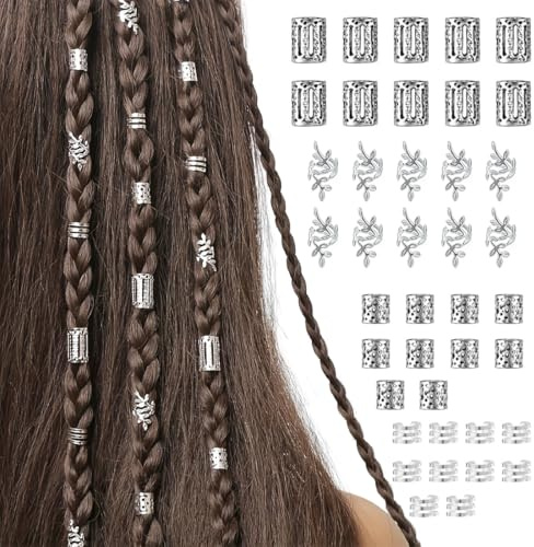 MUNZE 40 Anelli Per Capelli Argentati, Per Trecce E Dreadlocks, Gioielli 4 Stili, Regolabili, Taglia Standard Per Uomo E Donna