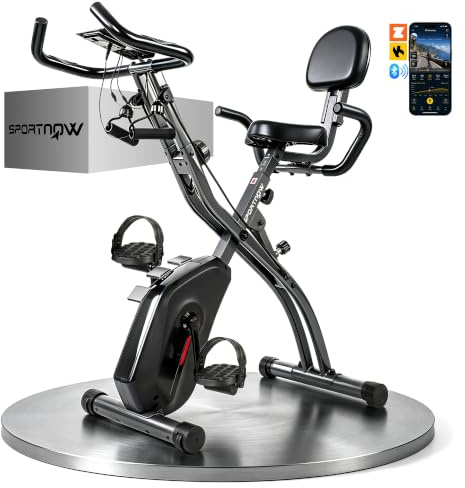 SPORTNOW Cyclette da Casa Pieghevole 3 in 1 con App Bluetooth, Cyclette da Camera con Banda Elastica, 8 Livelli Resistenza Magnetica, Sedile Regolabile, Display LCD, Sensore Cardiaco, Portatelefono