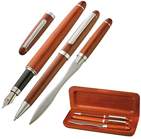 Set d'écriture – Stylo bille, ouvre-lettres & Plume/stylo – élégant en bois – Encre bleue – 4101