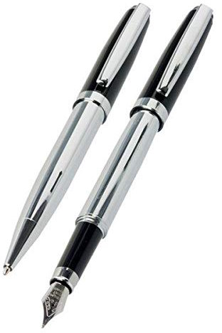 WHSmith Signature Black Laquer & Chrome Fountain & Ballpoint Pen Gift Set