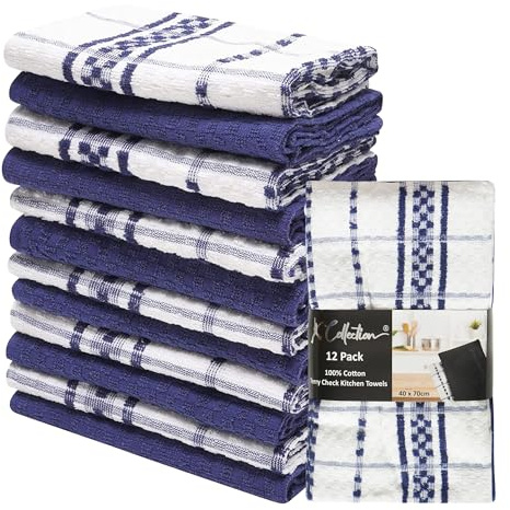 K Collection 12 Pack Check Kitchen Towels - 40 x 70 cm, Navy and White - 100% Ring Spun Cotton (285GSM) Super Soft and Absorbent
