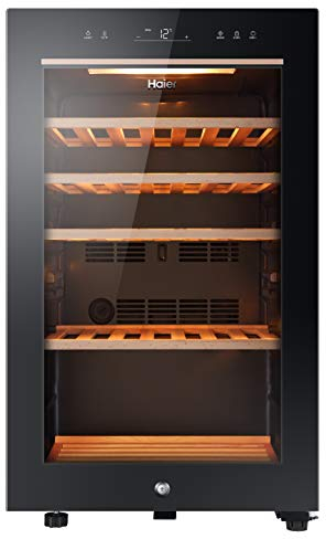 Haier Wine Bank 50 Series 5 Freestanding Wine Cooler, 49 Bottles, Single Zone Temperature, Anti-UV Glass Door, Low Vibration Design, LED Light, hOn App, F Class, Black, 49.7x58.5x82 cm - HWS49GA
