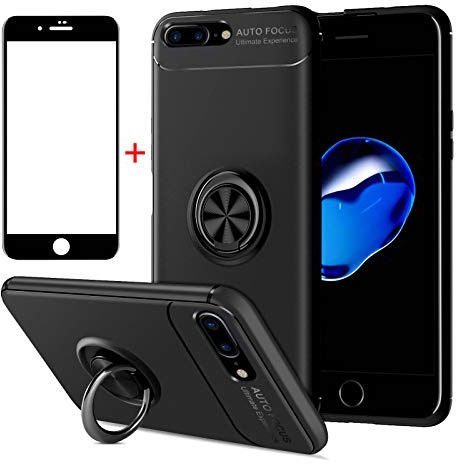AKABEILA iPhone 7 Plus Hülle Schutzfolie, iPhone 8 Plus Handyhülle Silikon, für iPhone 7 Plus / 8 Plus Schutzhülle Schutzfolie Telefonhalter Stoßfest Ring Griff Ständer, Schwarz