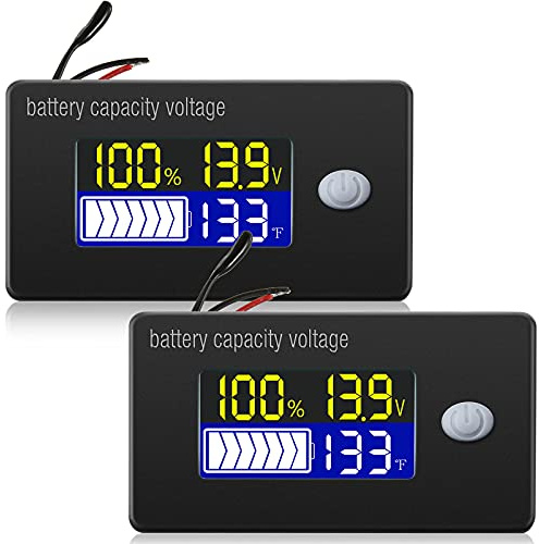 2 Misuratori di Tensione Capacità di Batteria con Allarme e Sensore di Temperatura Esterno Monitoraggio di Temperatura 0-179 ℉ 12V 24V 36V 48V 60V 72V Indicatore di Livello di Batteria
