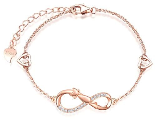 MicLee Damen Einfach Armband Zirkonia 925 Sterling Silber Allergenfrei Katze Unendlichkeit Zeichen Zwei Herzen Armreif Armkette mit Geschenkbeutel Super Geschenk für Mutter Freundin
