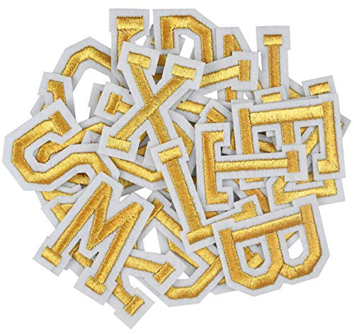 AvoDovA 52 Stück Buchstaben zum Aufbügeln, Alphabet A-Z, Buchstaben zum Aufnähen, goldfarben, bestickte Buchstaben zum Aufnähen oder Aufbügeln, für Kleidung, Taschen, Hüte, Schuhe