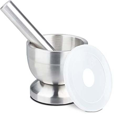 Relaxdays Mörser mit Stößel, aus Edelstahl, mit Deckel, Gewürze, Kräuter, Rutschfester Handmörser, Ø 10 cm, 200 ml, grau