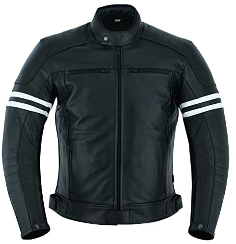 Texpeed Blouson de moto en cuir pour homme Blouson de moto touring avec protections CE authentiques (EN 1621-1) - Style café racer - Noir avec bande blanche - 5XL