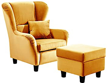 lifestyle4living - Moderner Ohrensessel mit Hocker – Große Auswahl an Stoffen und Farben - Gemütlicher Designer-Sessel im eleganten Landhaus-Stil, Samtgelb