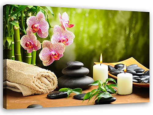Feeby Vlies Leinwandbild Bambus Steine Spa Zen 90x60 cm Druckbild Wandbild Wanddekoration Deko Wand Aesthetic Orientalisch Kerzen Orchidee Welness mehrfarbig