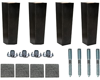4'' - 10’’ Wooden Tapered Trapeze Furniture Replacement Legs Colour M8 Thread T-Nuts Protective Felt Pads Set Of 4 Legs For Sofa Cabinet Footstool Chair Bed Ottoman 10 - 25 CM (6'' = 16 CM, Black)