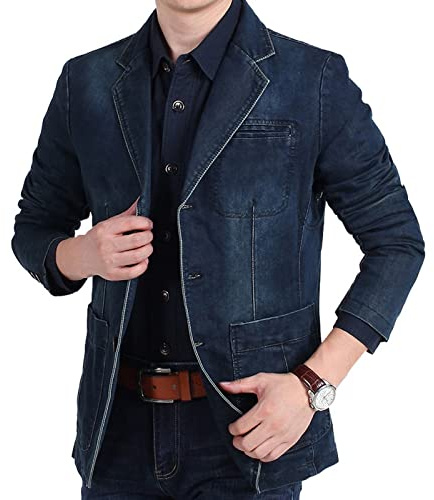 Veste De Costume en Jean Homme Revers Manches Longues Veste De Costume Classique Denim Cotton Loose Costume Affaires Blazer Veste avec Poches