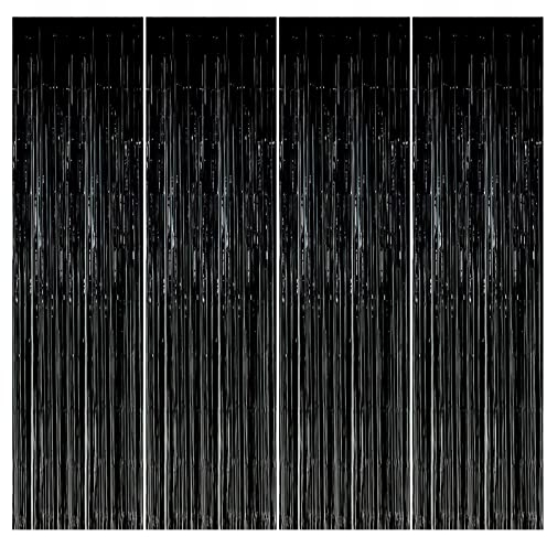4 Stück Vorhänge mit Fransen aus Aluminium, 1 m x 3 m, Tinsel, Schwarz, Vorhänge aus Metallic, selbstklebend, glänzende Fransen, für Dekoration, Party, Geburtstag, Ball, Hochzeit (schwarz)