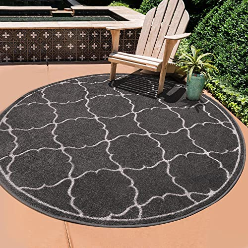 SANAT Outdoor Teppich Wetterfest - Für Innen- und Außenbereich - Wasserabweisend für Balkon, Terrasse, Garten, Küche, Bad oder Wohnzimmer - Grau, 120 cm Rund