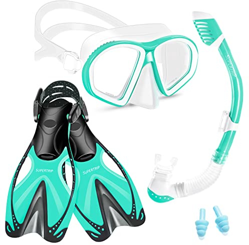Supertrip Set da snorkeling per bambini, con maschera e boccaglio in vetro temperato, maschera per snorkeling e snorkeling, Dry Top, pinne regolabili per ragazzi e ragazze dai 6 ai 14 anni