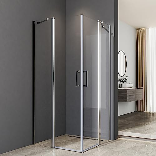 Duschkabine Eckeinstieg mit Pendeltüren, Duschkabine 90x90cm Eckeinstieg Doppel Pendeltüren Schwingtüren 6mm NANO ESG Glas Drehtür Duschabtrennung Höhe 185cm