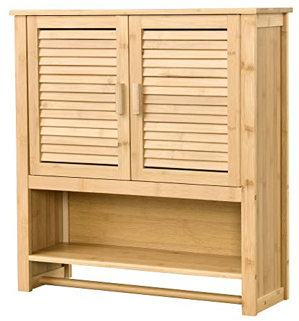 [en.casa] Mueble de Pared para Baño con 2 Puertas Armario Colgante con Toallero Auxiliar de Baño Suspendido Bambú 66 x 62 x 20 cm Natural