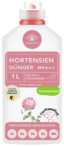 JASKER'S Hortensiendünger flüssig 1 Liter - 100% Turbo Schnelldünger mit Guano - Flüssiger Organischer Hortensien Dünger - Flüssigdünger für im Kübel & Freiland -