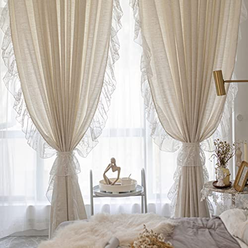 V3VOGUE Schöne Vorhänge Blickdicht Gardinen - Mit Vorhang Raffhalter - Vintage Rüschen Spitze Gardine Schal Fensterschal - Für Mädchenzimmer Wohnzimmer Dekoration Vorhang, 1 Stück