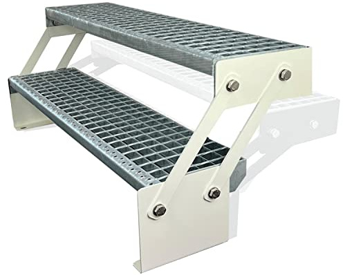 Kaminbau Mierzwa Premium Stahl Treppe Verstellbar Verzinkt & Weiß Pulverbeschichtet 2 Stufen (Breite 60 cm) (Höhe 30-43 cm) Wetterfest Gitterroststufe Gartentreppe