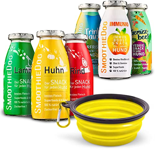 Hunde Smoothie SmoothieDog 6er Mix + Reisenapf Gelb - je 1x :Huhn, Rind, Lamm, Ente, Immunio, Veggie - Flüssiges Hundeleckerli - Zucker- & glutenfrei - Napf, faltbar - je 250ml