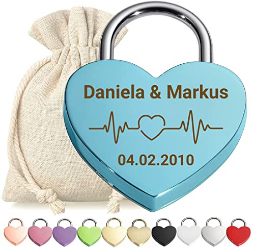 Herz Liebes-Schloss Bügelschloss Vorhängeschloss Graviert Blau - Motiv Herzfrequenz - personalisiert - weißer Stoffbeutel - Geschenkidee Valentinstag - Paar-Geschenk present - jetzt gestalten