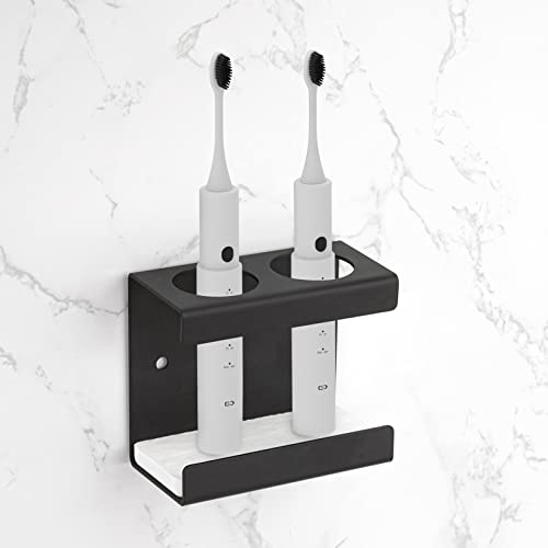 Adorila Electric Toothbrush Holder Wall Mount 2-Slot, Black | Self-Adhesive or Screw Installation, Stainless Steel with Absorbent Diatomite Tray, Fits Handles Under 3.5 cm Diameter