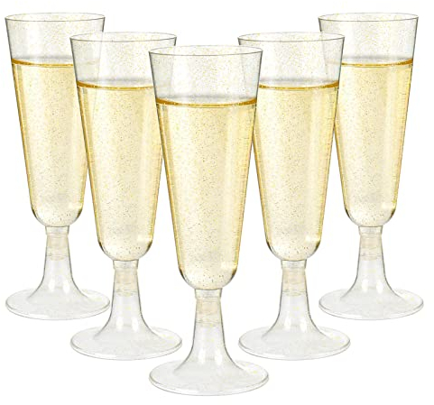 Czemo 50 Calici in Plastica Rigida Lavabili 150ml Oro Trasparente, Bicchieri per Champagne e Vino per Feste, Matrimoni, Compleanni, Capodanno