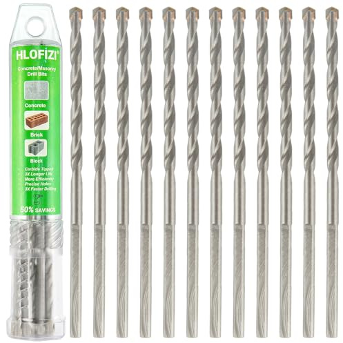 HLOFIZI 1/8 x 3 Masonry Drill Bits 12 Pack, 1/8 inch Concrete Drill Bits for Cement, Brick, Stone, Block, Stucco Wall, 3-Flat Shank