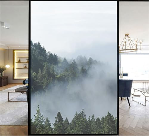Fensterfolie Blickdicht Sichtschutzfolie Fenster Statischer Haftung ohne Klebstoff Milchglasfolie Folie Anti-UV Für Zuhause Büro- Wald(90cmx200cm)