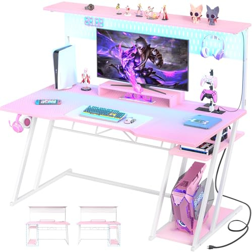 Armocity Pink Gaming Desk with Hutch and LED Lights, 53 Computer Desk with Storage Shelves, Reversible PC Gaming Desk with Pegboard, Gamer Desks for Bedroom, Carbon Fiber Surface