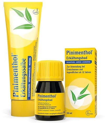 Pinimenthol Erkältungssalbe 50 g + Erkältungsbad 30 ml Set | ätherische Öle: Eucalyptusöl, Kiefernnadelöl & Menthol - stoppt Hustenreiz, löst Schleim und befreit die Atemwege bei Erkältung