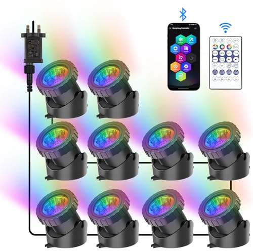 NATPOW Pond Lights, RGB Underwater Lights Mains Powered, IP68 Waterproof Aquarium Pond Light with Bluetooth APP Control, Submersible Landscape Spot Lights for Garden, Yard, Pool, Fountain(10-in-1)