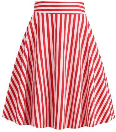 Rock Damen Gestreift Rot Weiss Midi Rosa Schwarzer Trachtenrock Skirt Plaid Hohe Taille 1950er Jahre Sommerrock Midirock Plissee Rüschen Elastischem Faltenrock Rock