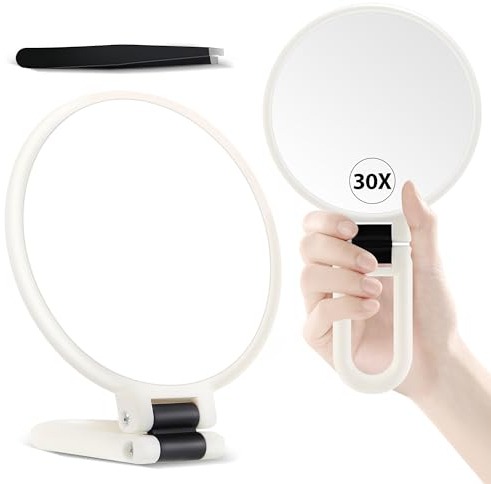 Miyadiva Miroir à Main Grossissant Double Face 30X/1X Portable de Voyage pour Épilation et Maquillage avec Poignée Réglable à 360°
