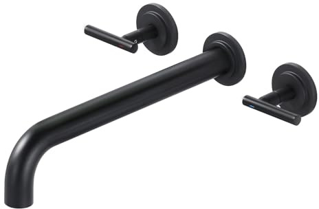 WOWOW Wall Mount Tub Filler: Matte Black Tub Faucet High Flow Two Handles Solid Brass, Long Spout Reach, Bathroom Bathtub Faucets with 2 Handles Tub Faucet with Brass Rough in Valve Included