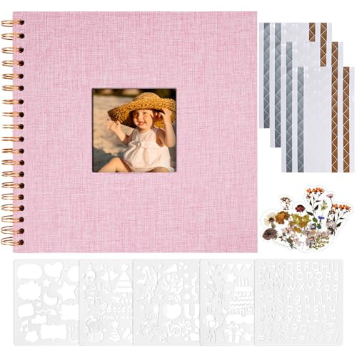 Vienrose Álbum de Fotos Scrapbook, 20,5x20,5 cm Álbum de Recortes con Cubierta de Lino y 40 Páginas Blancas Kraft, Familia, Boda, Viaje DIY Scrapbooking Supplies Set. Rosa