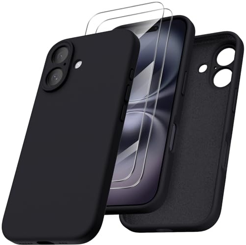 ORNARTO für iPhone 16 Hülle mit 2 Schutzfolien, Schwarz | Kamerashutz, Premium Flüssigsilikon, dünne Handyhülle, weich, griffig, tolle Haptik, stoß- und kratzfest, große Farbauswahl