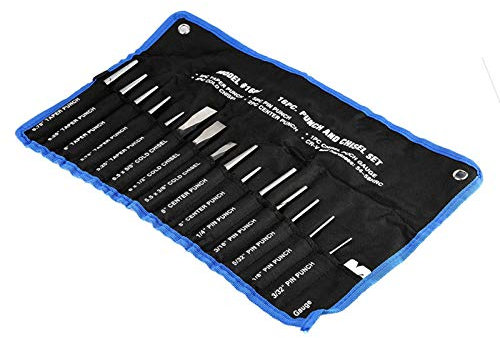16 PCS Mechanics Punch and Chisel Set, Heat Treatment Steel Punch Chisel Tool Set with Pin Tapered Cold Center Punches Chisels Storage Pouch