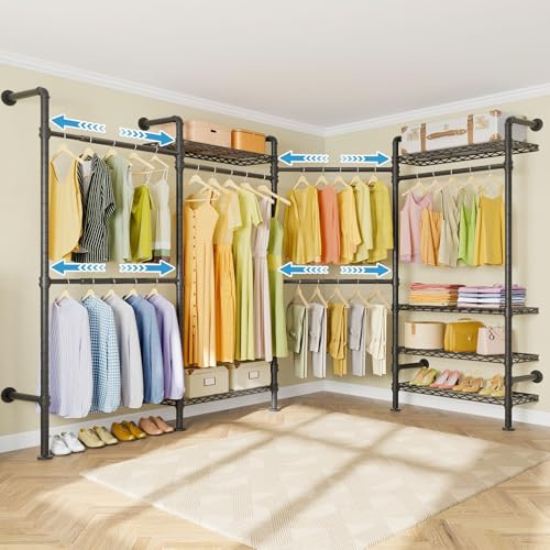 Timate L4 L Shape Garment Rack Heavy Duty Clothes Racks for Hanging Clothes, Expandable Industrial Pipe Clothing Rack Wall Mounted Closet Racks Wardrobe Closet Kit Corner Closet System, Black