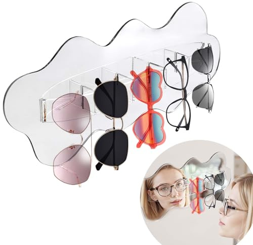 Daily Treasures Sonnenbrillen-Organizer mit Spiegel, an der Wand montierter Brillen-Aufbewahrungs-Organizer, klare selbstklebende hängende Brillen-Display-Halter aus Acryl - Hält 5 Paare