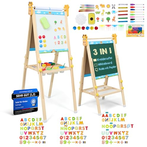 JOYHUGS Magnettafel Kinder Holz – Staffelei Kinder 3-in-1, Kindertafel Doppelseitig Kreidetafel & Whiteboard, 3× Alphabet Magnetbuchstaben (DE/ES/EN), Höhenverstellbar, ab 3 Jahre