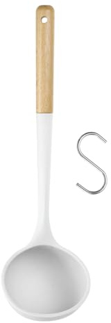 sourcing map Silicone Ladle Spoon Non-Stick Cooking Spoon with Wooden Handle Heat Resistant Serving Spoon for Stirring, Serving Soup White