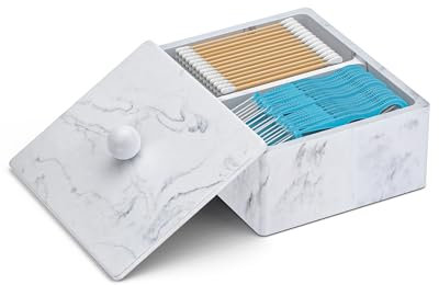 PENGARO Cotton Buds Holder, 16OZ Cotton Swab Holder Cotton Pad Dispenser with Lid, 2 Compartments Qtip Holder Bathroom Canister Storage Organizer for Cotton Ball Round Pads Floss Makeup, White