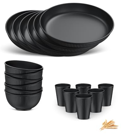 HOMGEN 18 PCS Plastic Camping Plates and Bowls Microwave & Dishwasher Safe | Stackable with Plates Bowls Cups, BPA Free, Lightweight for Kids, Unbreakable Party Dinner Set for 4, for Home, Picnic, RV