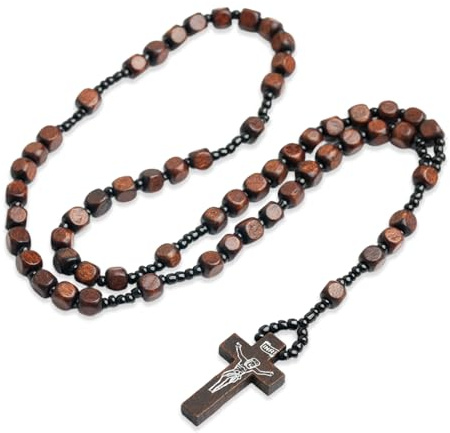 Collier Chapelet Croix Catholique, Collier Chapelet en Bois, Collier de Perles de Prière en Bois Naturel, pour Communion Religieuse des Chrétiens Catholiques, Baptême, Messe, Bible